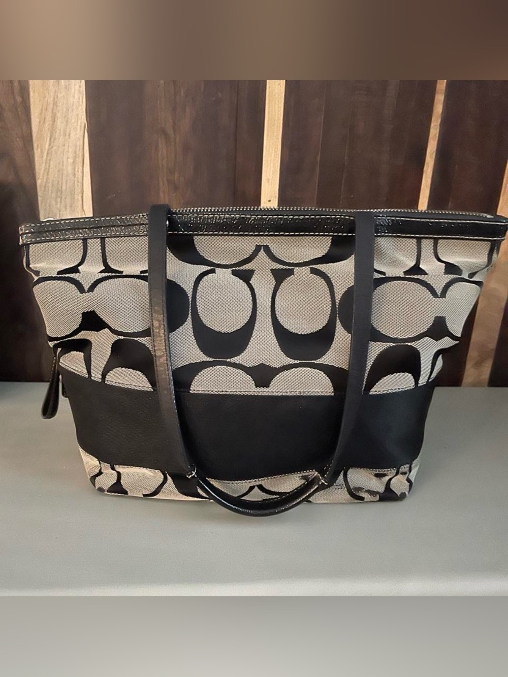 Coach Signature Stripe Canvas Black Tote Bag